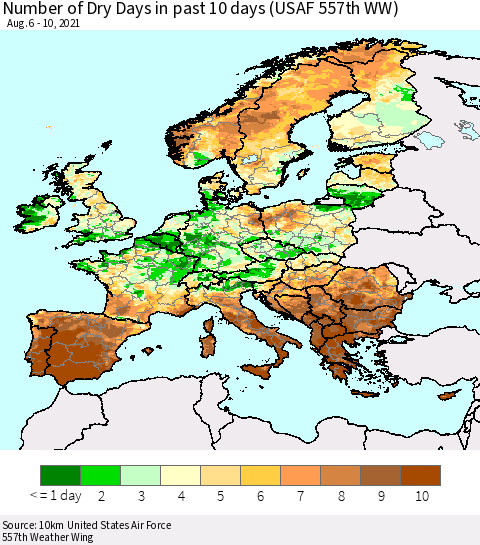 Europe Number of Dry Days in past 10 days (USAF 557th WW) Thematic Map For 8/6/2021 - 8/10/2021