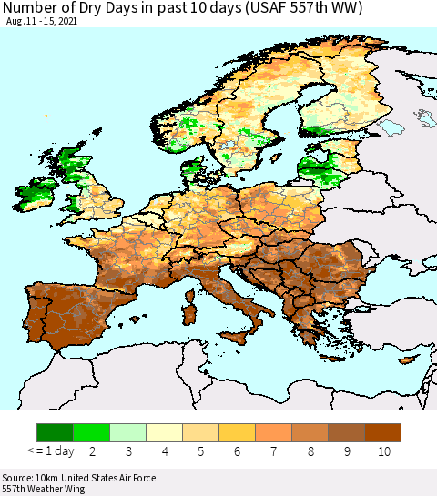 Europe Number of Dry Days in past 10 days (USAF 557th WW) Thematic Map For 8/11/2021 - 8/15/2021