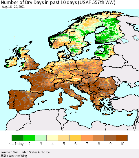 Europe Number of Dry Days in past 10 days (USAF 557th WW) Thematic Map For 8/16/2021 - 8/20/2021