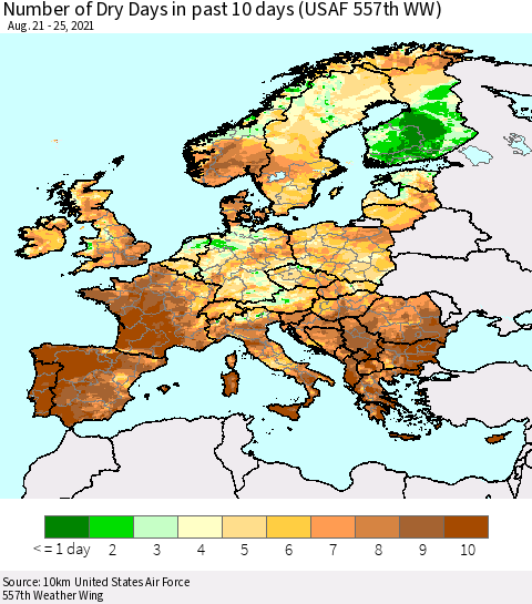 Europe Number of Dry Days in past 10 days (USAF 557th WW) Thematic Map For 8/21/2021 - 8/25/2021