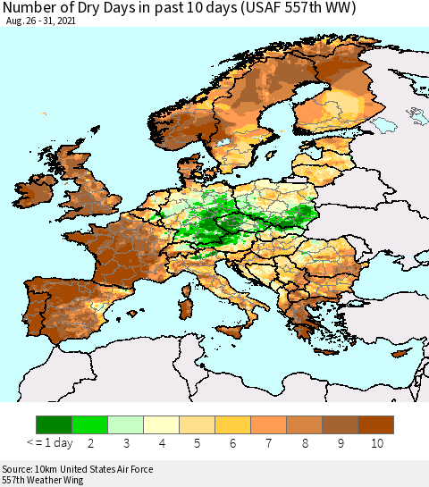 Europe Number of Dry Days in past 10 days (USAF 557th WW) Thematic Map For 8/26/2021 - 8/31/2021