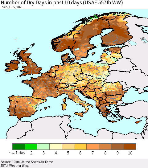 Europe Number of Dry Days in past 10 days (USAF 557th WW) Thematic Map For 9/1/2021 - 9/5/2021