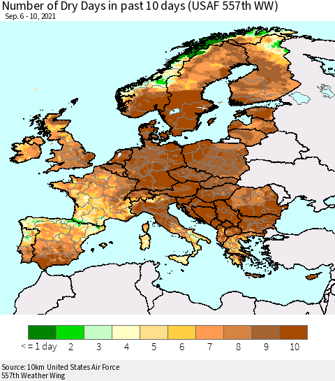Europe Number of Dry Days in past 10 days (USAF 557th WW) Thematic Map For 9/6/2021 - 9/10/2021