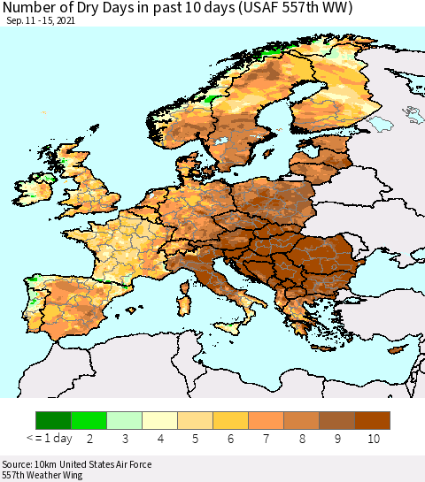 Europe Number of Dry Days in past 10 days (USAF 557th WW) Thematic Map For 9/11/2021 - 9/15/2021