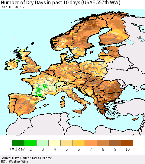 Europe Number of Dry Days in past 10 days (USAF 557th WW) Thematic Map For 9/16/2021 - 9/20/2021