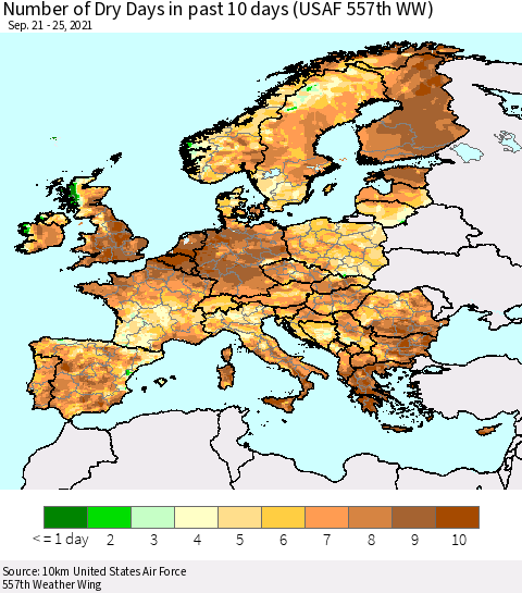 Europe Number of Dry Days in past 10 days (USAF 557th WW) Thematic Map For 9/21/2021 - 9/25/2021