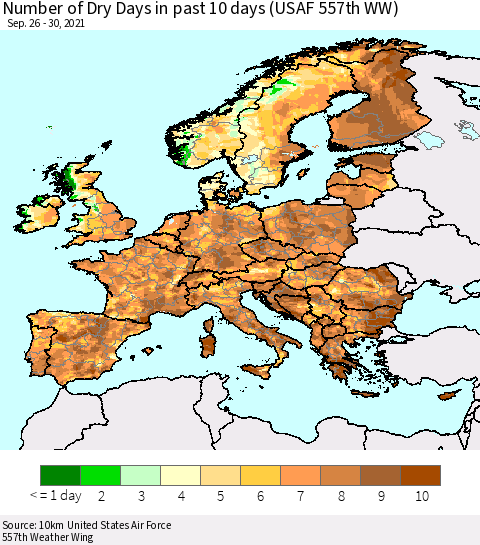 Europe Number of Dry Days in past 10 days (USAF 557th WW) Thematic Map For 9/26/2021 - 9/30/2021