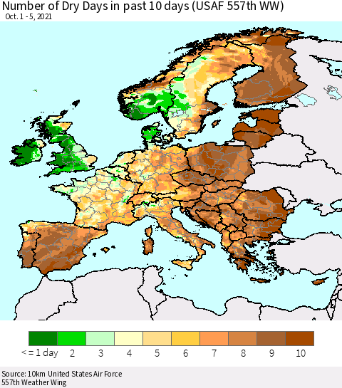 Europe Number of Dry Days in past 10 days (USAF 557th WW) Thematic Map For 10/1/2021 - 10/5/2021