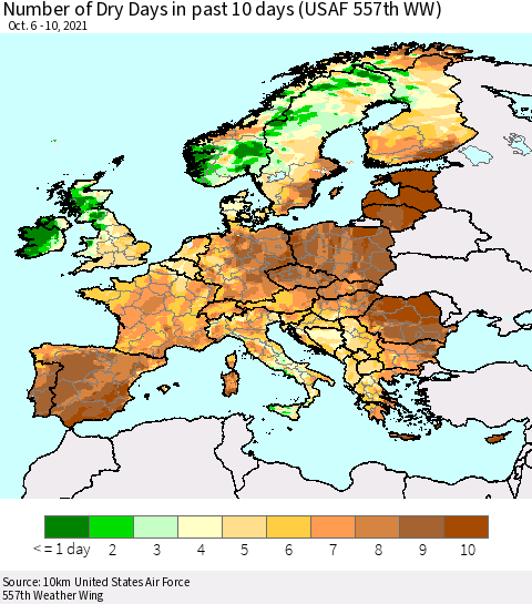 Europe Number of Dry Days in past 10 days (USAF 557th WW) Thematic Map For 10/6/2021 - 10/10/2021