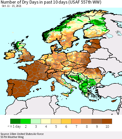 Europe Number of Dry Days in past 10 days (USAF 557th WW) Thematic Map For 10/11/2021 - 10/15/2021
