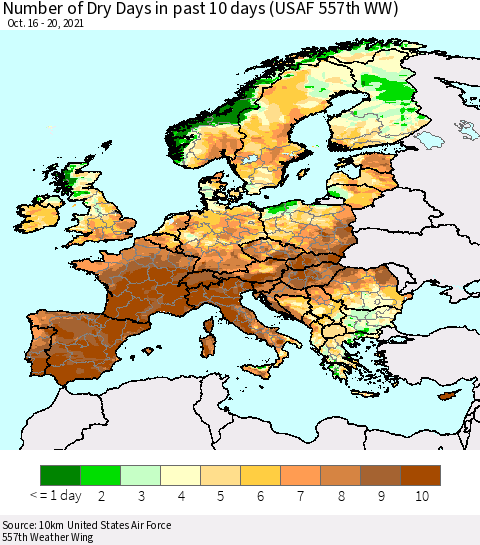 Europe Number of Dry Days in past 10 days (USAF 557th WW) Thematic Map For 10/16/2021 - 10/20/2021