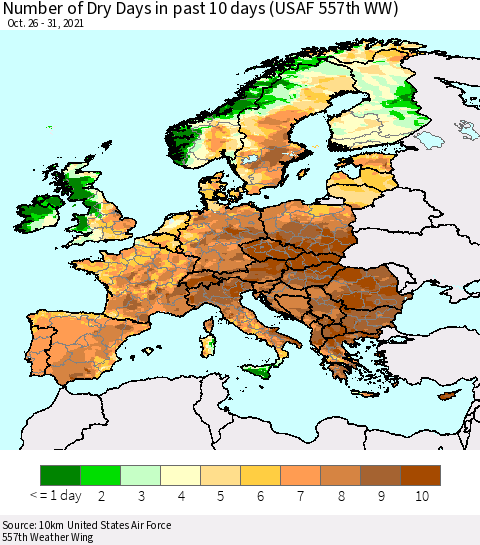 Europe Number of Dry Days in past 10 days (USAF 557th WW) Thematic Map For 10/26/2021 - 10/31/2021
