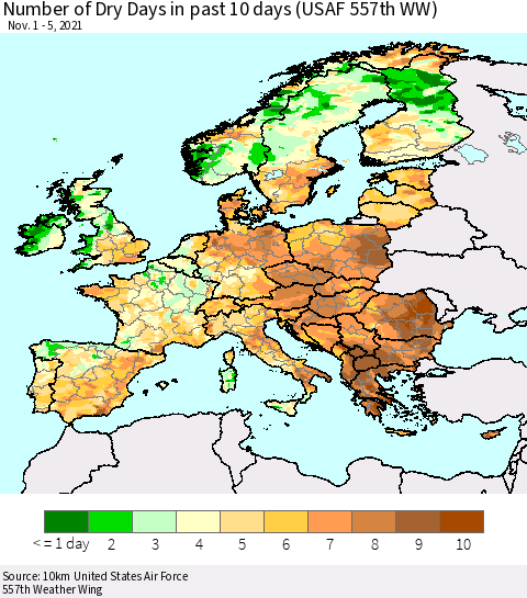 Europe Number of Dry Days in past 10 days (USAF 557th WW) Thematic Map For 11/1/2021 - 11/5/2021