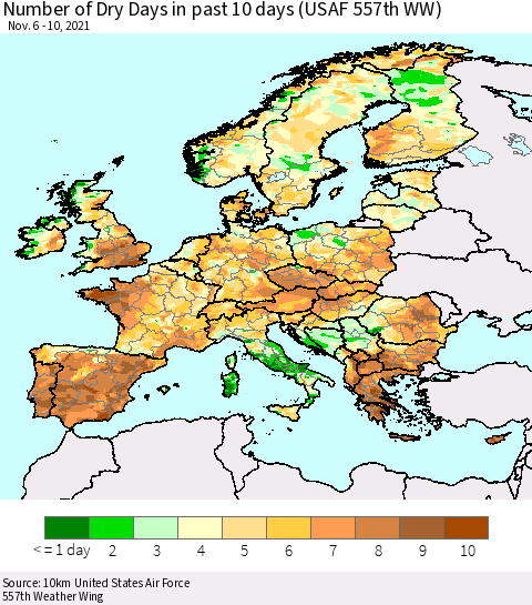 Europe Number of Dry Days in past 10 days (USAF 557th WW) Thematic Map For 11/6/2021 - 11/10/2021