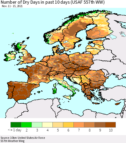 Europe Number of Dry Days in past 10 days (USAF 557th WW) Thematic Map For 11/11/2021 - 11/15/2021