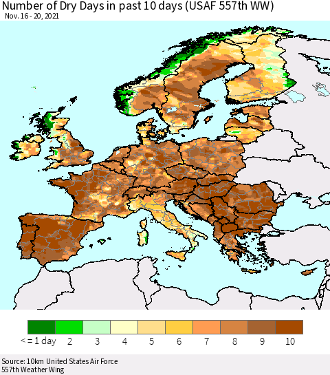 Europe Number of Dry Days in past 10 days (USAF 557th WW) Thematic Map For 11/16/2021 - 11/20/2021