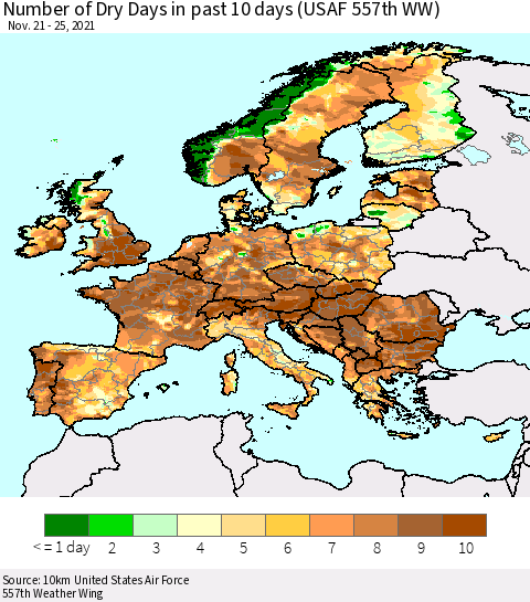 Europe Number of Dry Days in past 10 days (USAF 557th WW) Thematic Map For 11/21/2021 - 11/25/2021