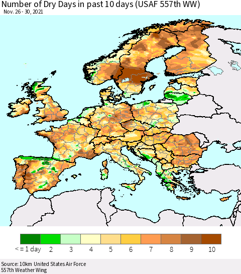 Europe Number of Dry Days in past 10 days (USAF 557th WW) Thematic Map For 11/26/2021 - 11/30/2021