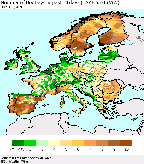 Europe Number of Dry Days in past 10 days (USAF 557th WW) Thematic Map For 12/1/2021 - 12/5/2021