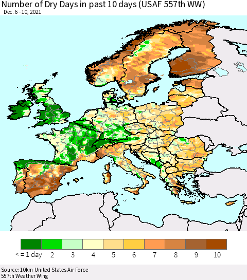 Europe Number of Dry Days in past 10 days (USAF 557th WW) Thematic Map For 12/6/2021 - 12/10/2021