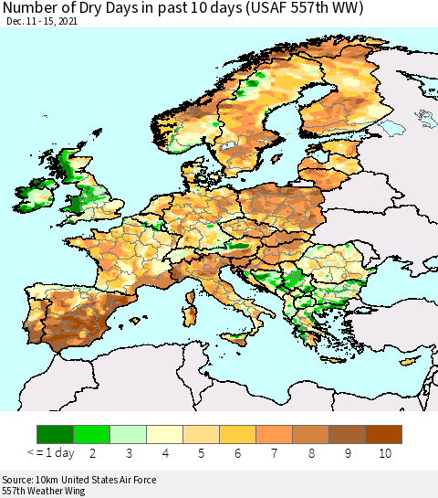 Europe Number of Dry Days in past 10 days (USAF 557th WW) Thematic Map For 12/11/2021 - 12/15/2021