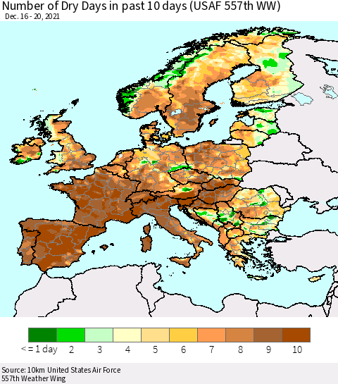 Europe Number of Dry Days in past 10 days (USAF 557th WW) Thematic Map For 12/16/2021 - 12/20/2021