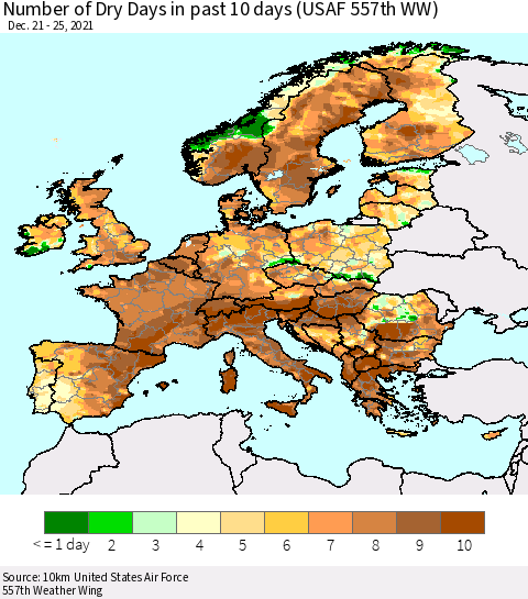 Europe Number of Dry Days in past 10 days (USAF 557th WW) Thematic Map For 12/21/2021 - 12/25/2021