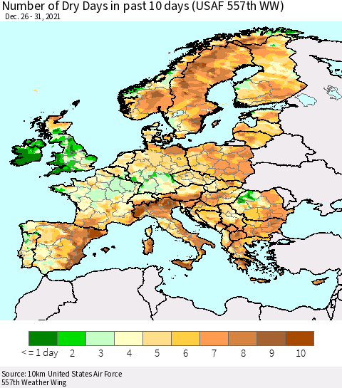 Europe Number of Dry Days in past 10 days (USAF 557th WW) Thematic Map For 12/26/2021 - 12/31/2021