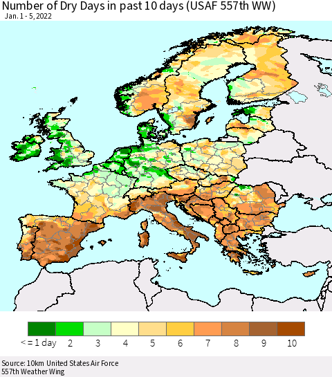 Europe Number of Dry Days in past 10 days (USAF 557th WW) Thematic Map For 1/1/2022 - 1/5/2022