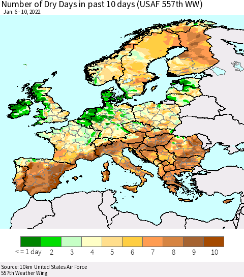 Europe Number of Dry Days in past 10 days (USAF 557th WW) Thematic Map For 1/6/2022 - 1/10/2022