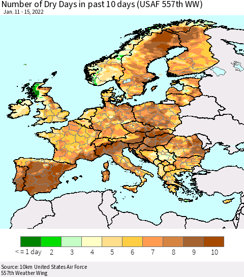 Europe Number of Dry Days in past 10 days (USAF 557th WW) Thematic Map For 1/11/2022 - 1/15/2022