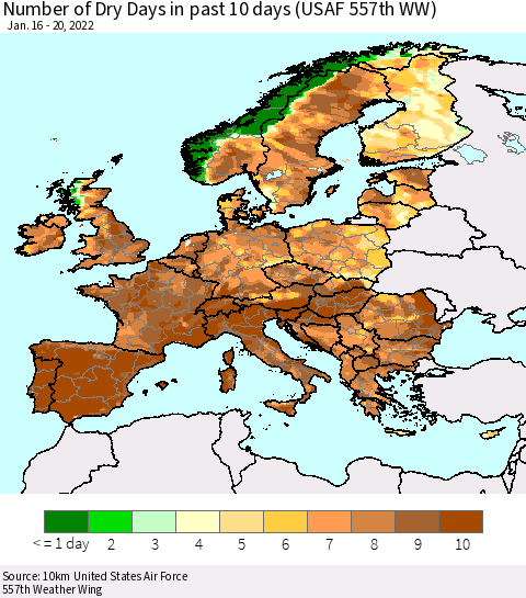 Europe Number of Dry Days in past 10 days (USAF 557th WW) Thematic Map For 1/16/2022 - 1/20/2022