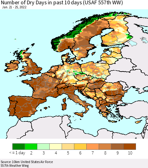 Europe Number of Dry Days in past 10 days (USAF 557th WW) Thematic Map For 1/21/2022 - 1/25/2022
