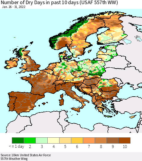 Europe Number of Dry Days in past 10 days (USAF 557th WW) Thematic Map For 1/26/2022 - 1/31/2022