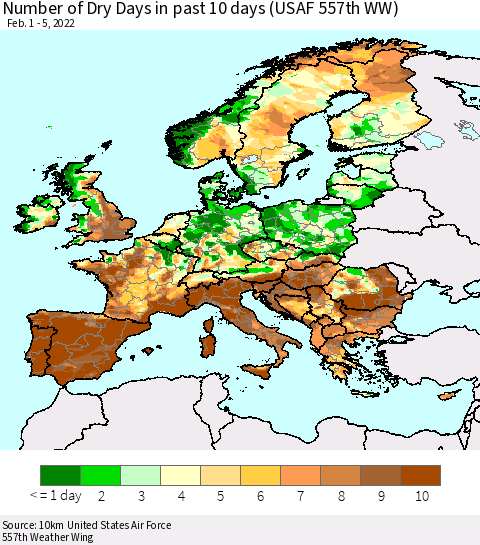 Europe Number of Dry Days in past 10 days (USAF 557th WW) Thematic Map For 2/1/2022 - 2/5/2022
