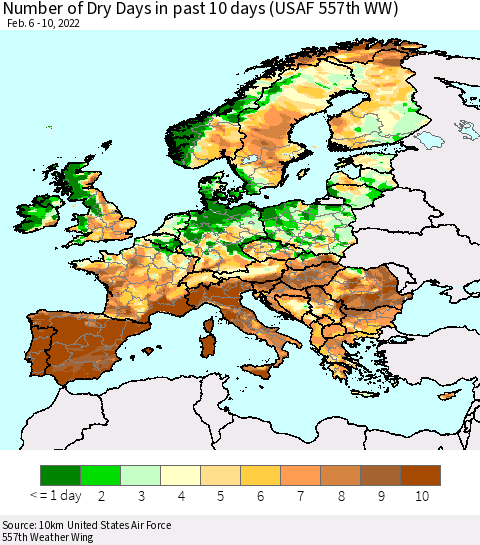 Europe Number of Dry Days in past 10 days (USAF 557th WW) Thematic Map For 2/6/2022 - 2/10/2022