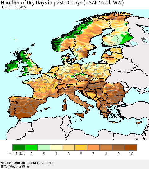 Europe Number of Dry Days in past 10 days (USAF 557th WW) Thematic Map For 2/11/2022 - 2/15/2022