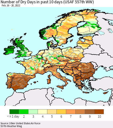 Europe Number of Dry Days in past 10 days (USAF 557th WW) Thematic Map For 2/16/2022 - 2/20/2022