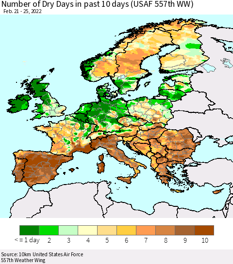 Europe Number of Dry Days in past 10 days (USAF 557th WW) Thematic Map For 2/21/2022 - 2/25/2022