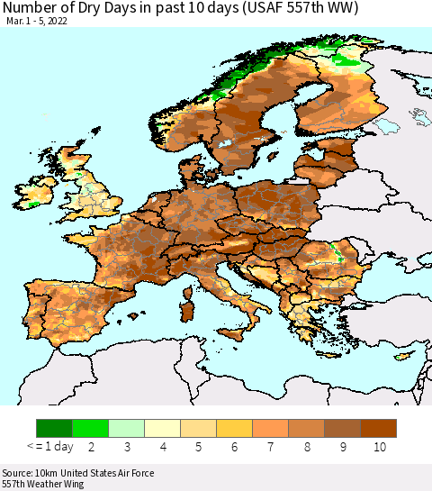 Europe Number of Dry Days in past 10 days (USAF 557th WW) Thematic Map For 3/1/2022 - 3/5/2022