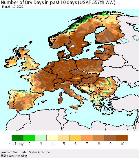 Europe Number of Dry Days in past 10 days (USAF 557th WW) Thematic Map For 3/6/2022 - 3/10/2022