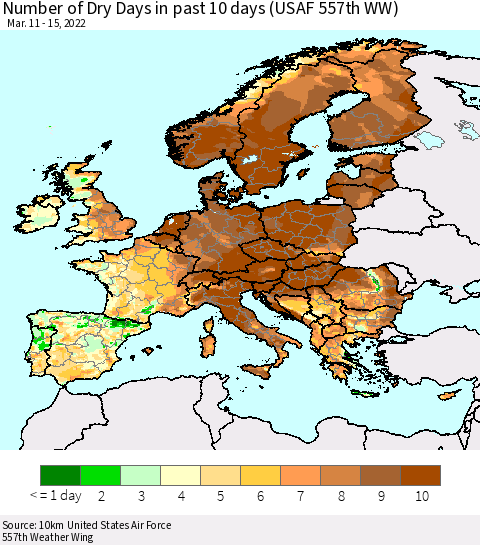 Europe Number of Dry Days in past 10 days (USAF 557th WW) Thematic Map For 3/11/2022 - 3/15/2022