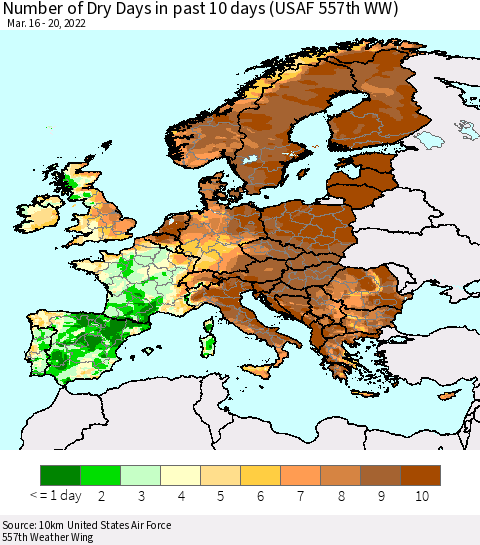 Europe Number of Dry Days in past 10 days (USAF 557th WW) Thematic Map For 3/16/2022 - 3/20/2022