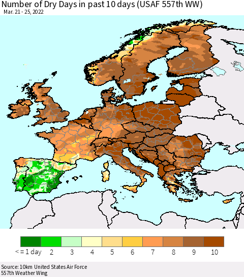 Europe Number of Dry Days in past 10 days (USAF 557th WW) Thematic Map For 3/21/2022 - 3/25/2022