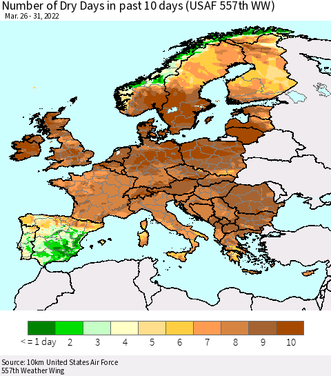 Europe Number of Dry Days in past 10 days (USAF 557th WW) Thematic Map For 3/26/2022 - 3/31/2022