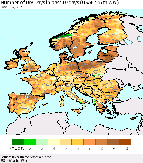 Europe Number of Dry Days in past 10 days (USAF 557th WW) Thematic Map For 4/1/2022 - 4/5/2022