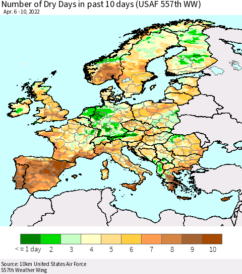 Europe Number of Dry Days in past 10 days (USAF 557th WW) Thematic Map For 4/6/2022 - 4/10/2022