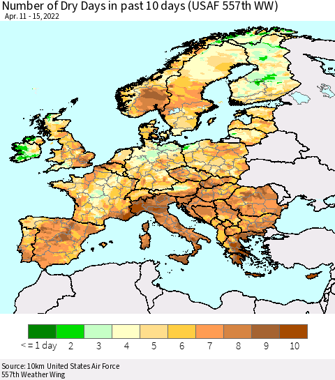 Europe Number of Dry Days in past 10 days (USAF 557th WW) Thematic Map For 4/11/2022 - 4/15/2022
