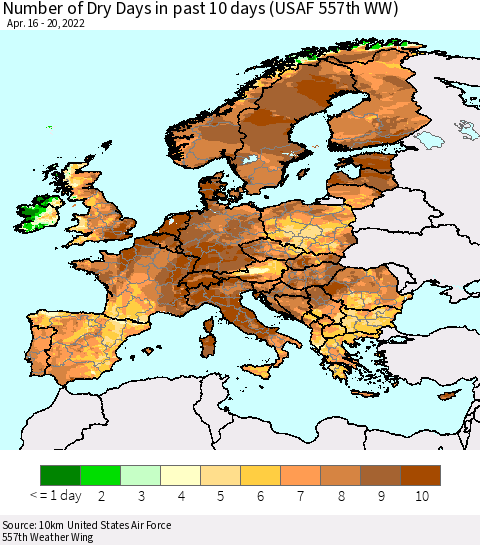 Europe Number of Dry Days in past 10 days (USAF 557th WW) Thematic Map For 4/16/2022 - 4/20/2022