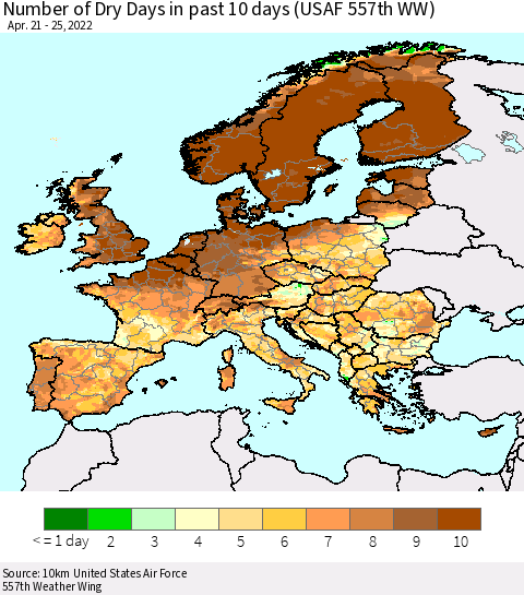 Europe Number of Dry Days in past 10 days (USAF 557th WW) Thematic Map For 4/21/2022 - 4/25/2022